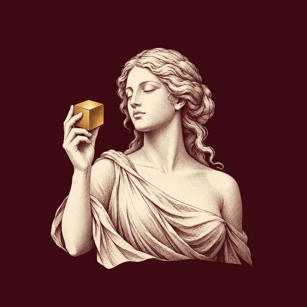 The emblem: Aphrodite holding the gold cube